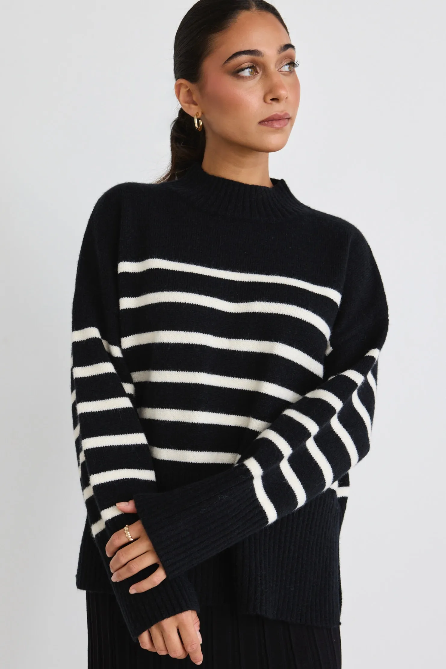 Alaska Black Stripe Funnel Neck Knit Jumper