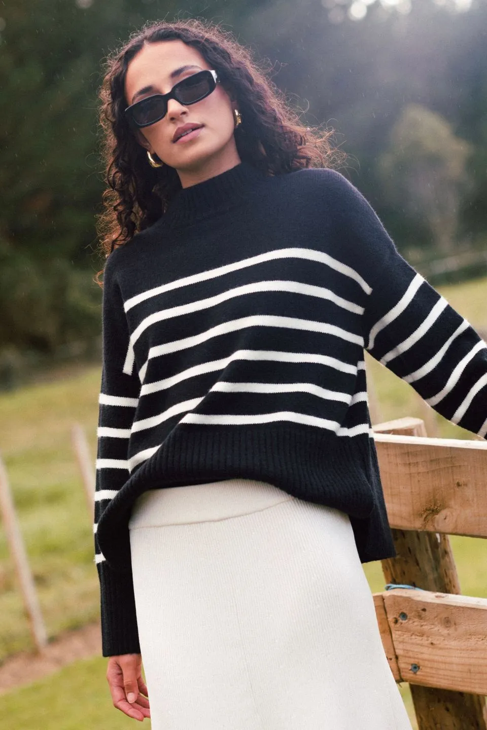 Alaska Black Stripe Funnel Neck Knit Jumper