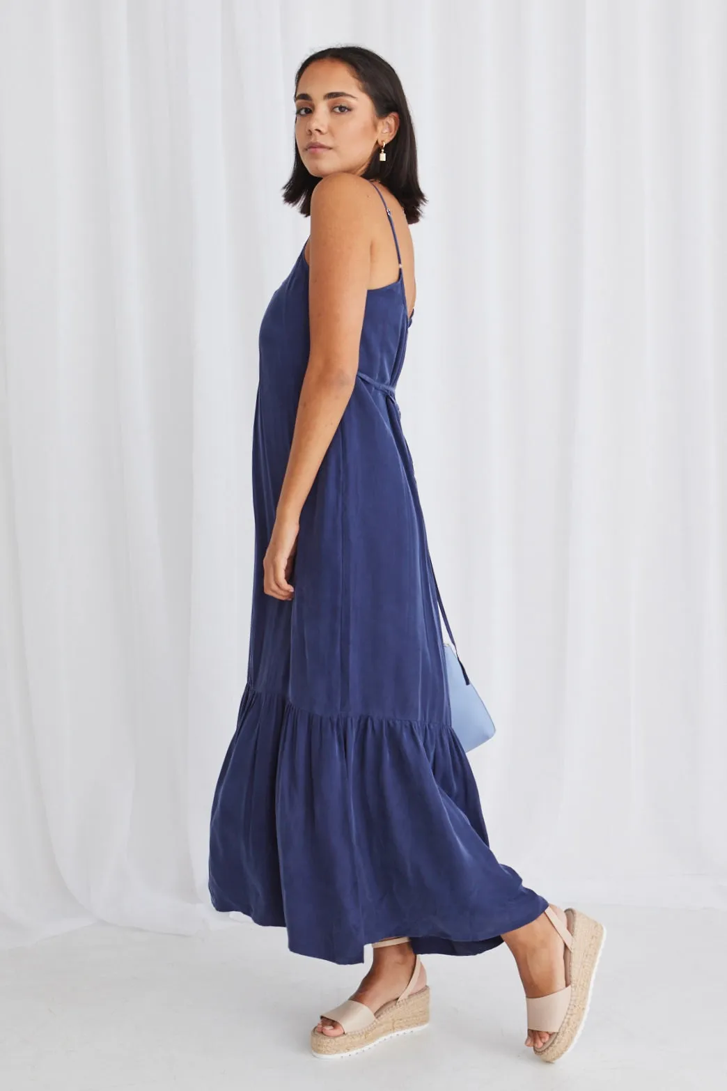 All-Day Wear Blue Cupro Strappy Tiered Empire Waist Midi Dress