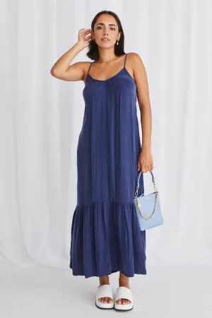 All-Day Wear Blue Cupro Strappy Tiered Empire Waist Midi Dress