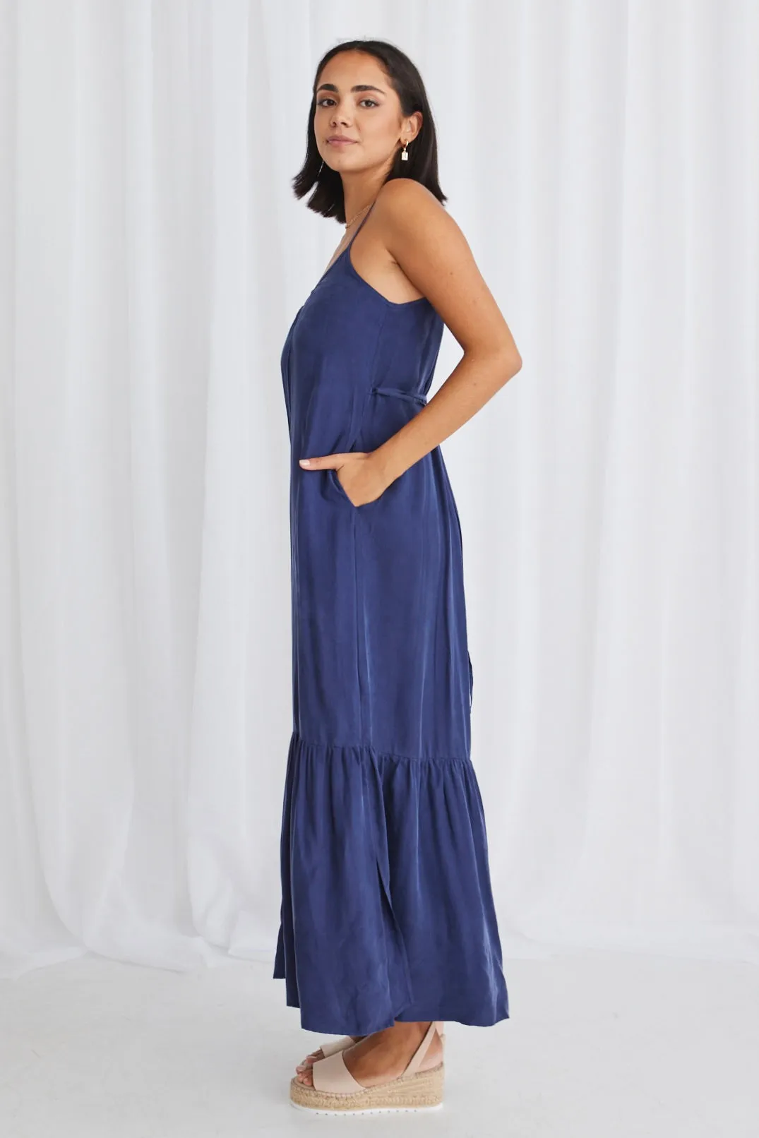 All-Day Wear Blue Cupro Strappy Tiered Empire Waist Midi Dress