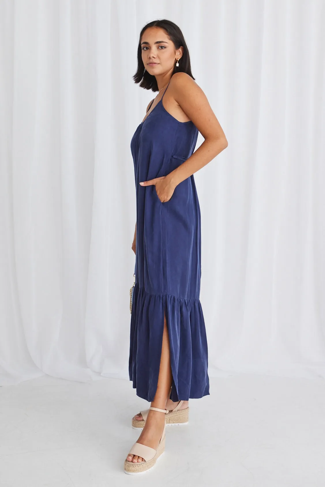 All-Day Wear Blue Cupro Strappy Tiered Empire Waist Midi Dress