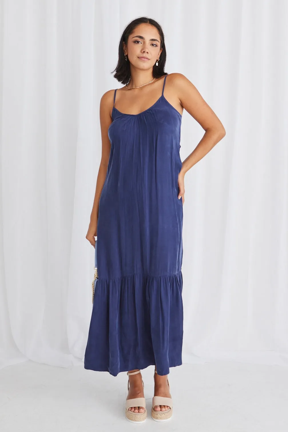 All-Day Wear Blue Cupro Strappy Tiered Empire Waist Midi Dress