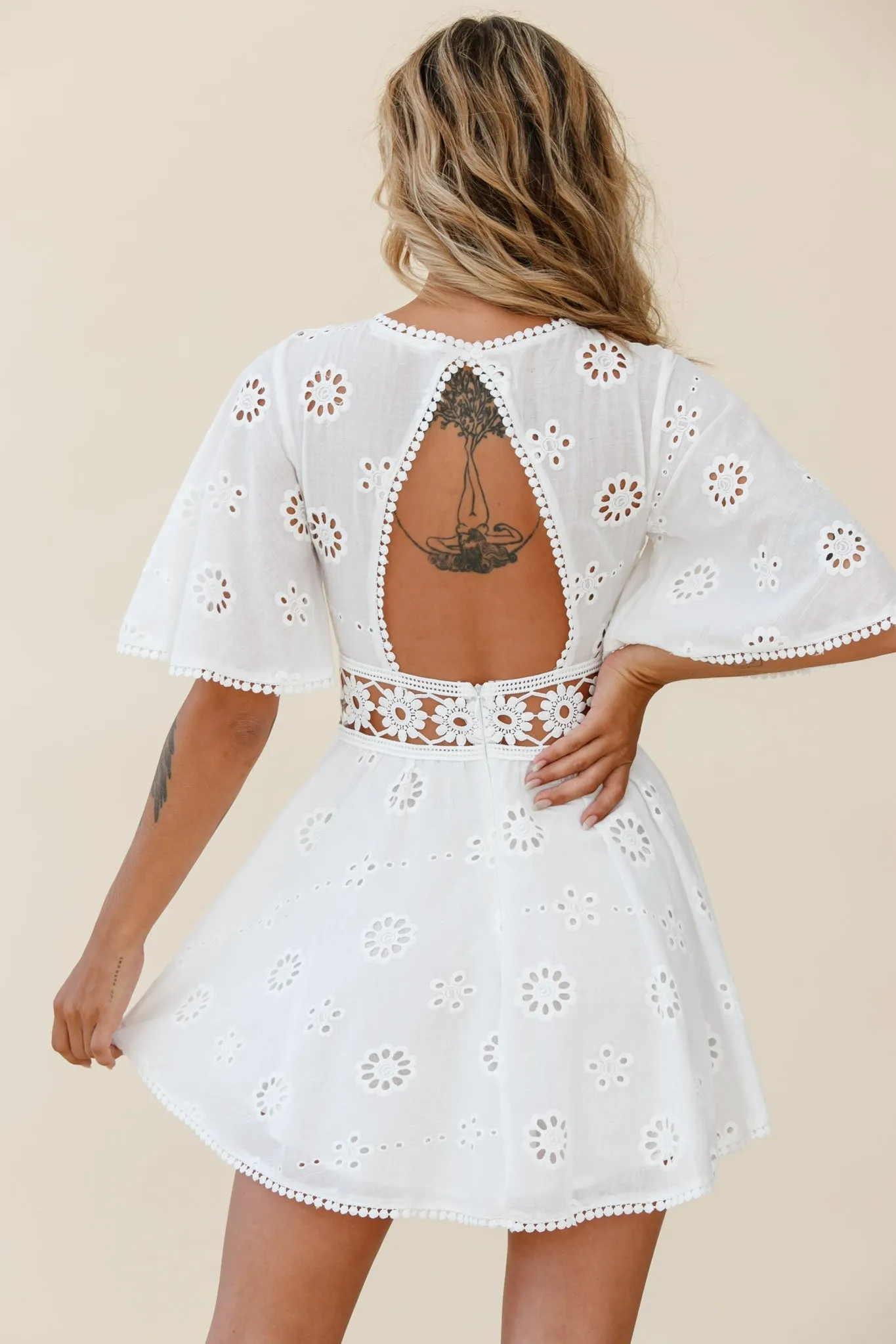 Anais Fluted Sleeve Exposed Back Broderie Anglaise Dress White