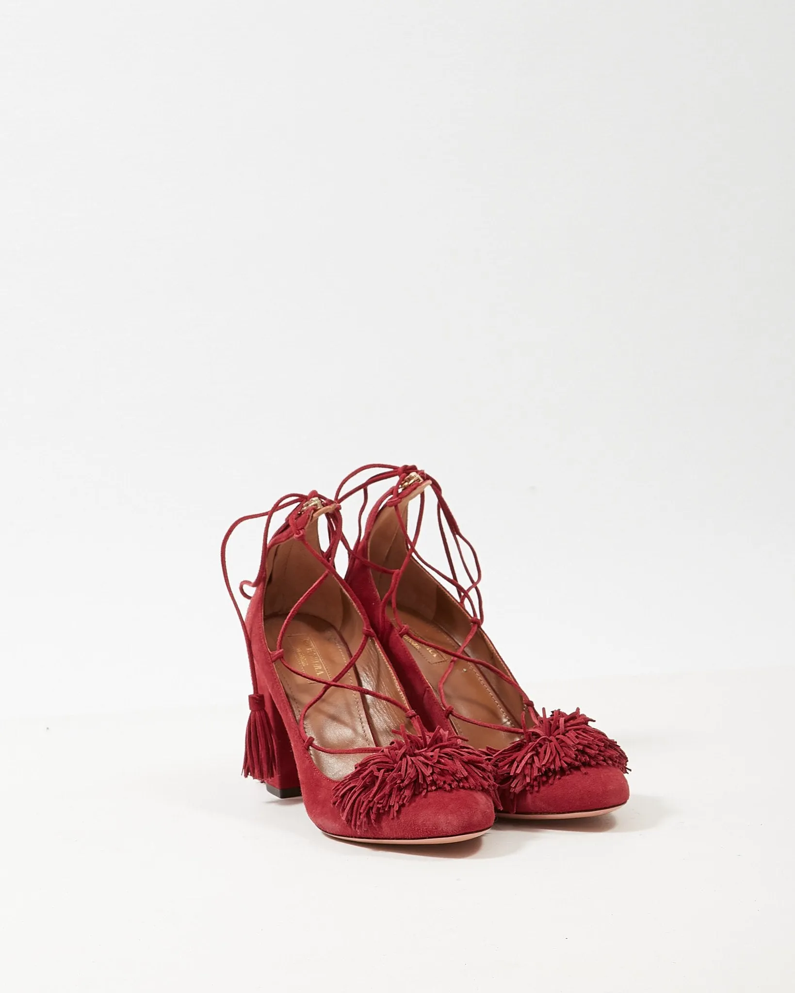 Aquazzura Burgundy Suede Fringe Wild Thing Lace-Up Block Pumps - 39.5