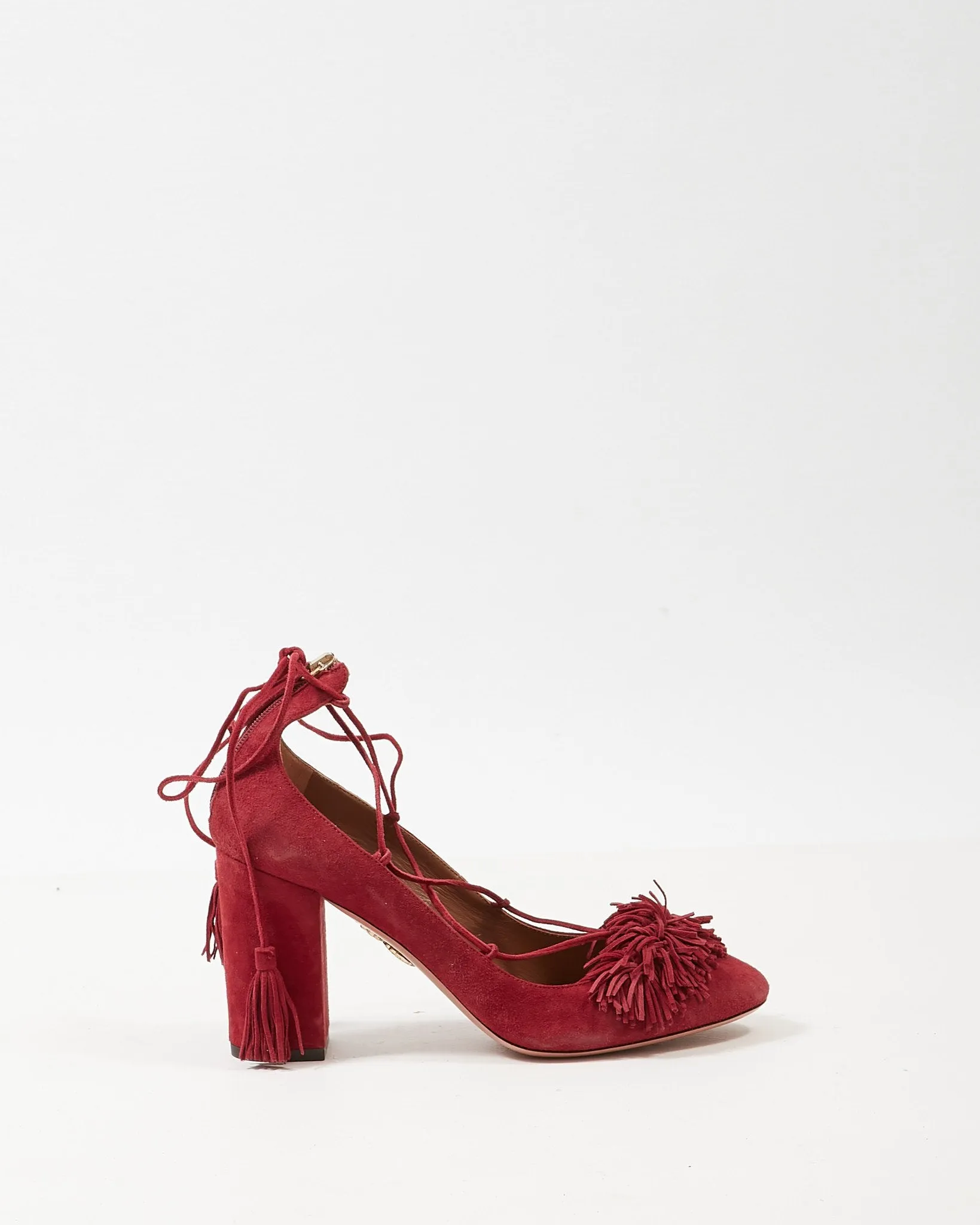 Aquazzura Burgundy Suede Fringe Wild Thing Lace-Up Block Pumps - 39.5