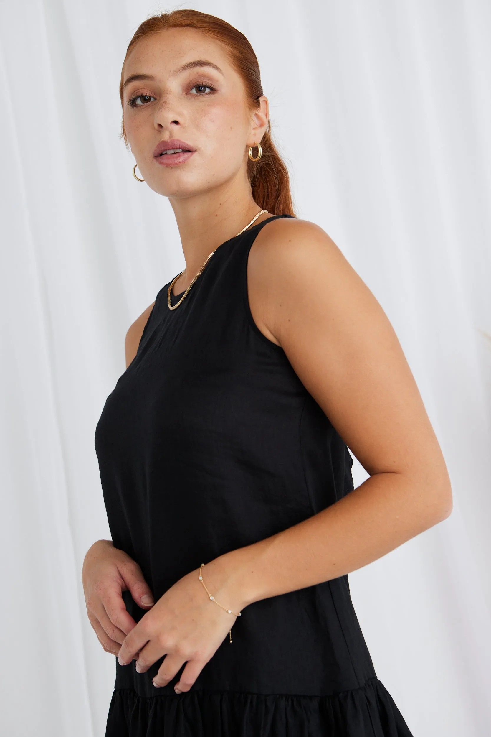 Ava Black Linen Sleeveless Frill Hem Smock Mini Dress