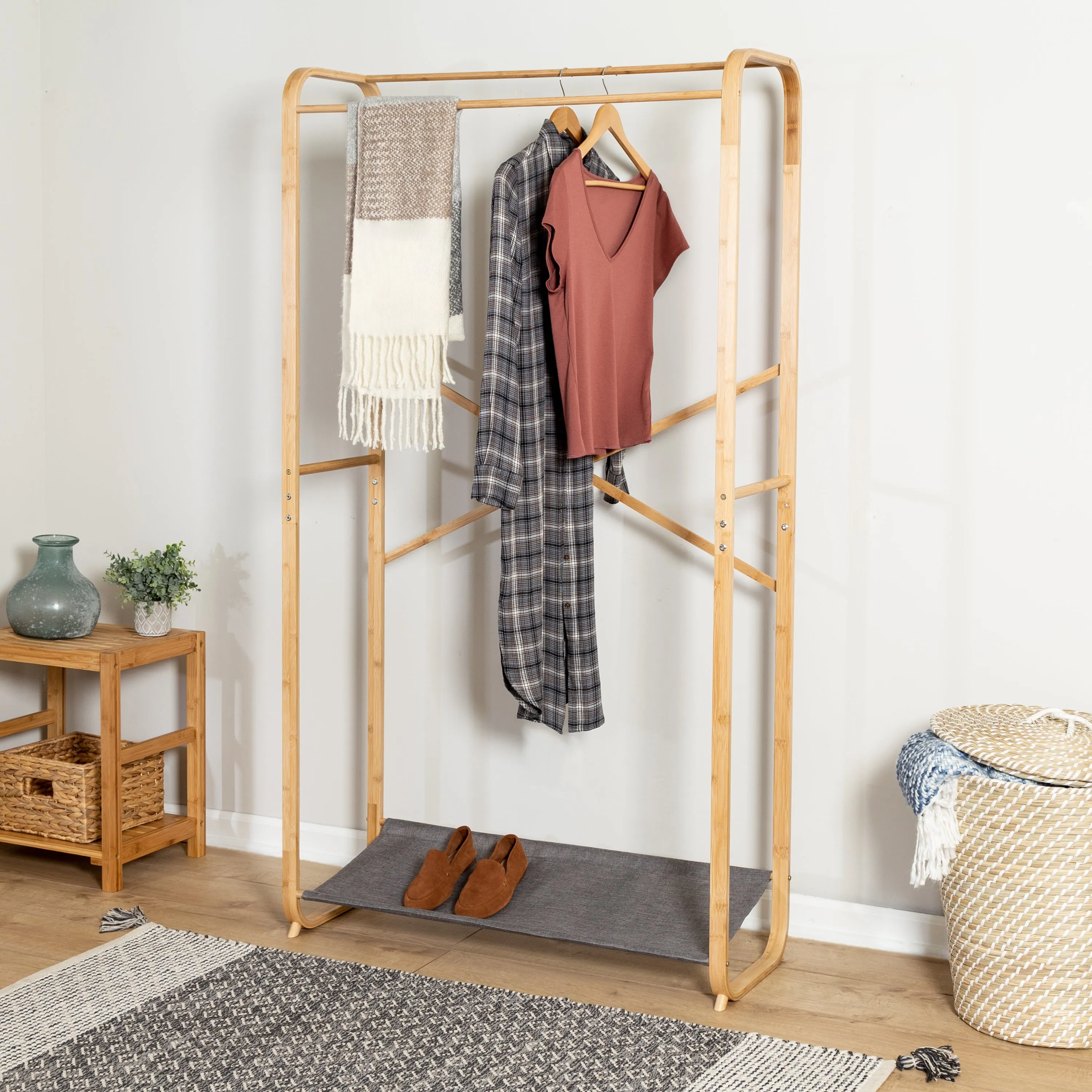 Bamboo and Gray Canvas Garment Rack