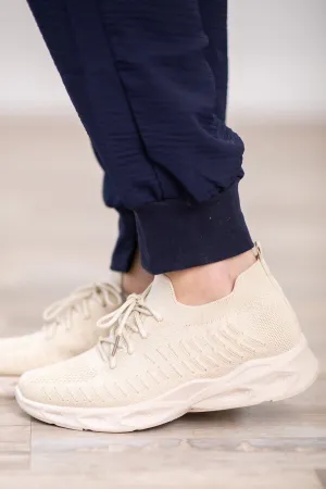 Beige Fly Knit Lace Up Sneakers