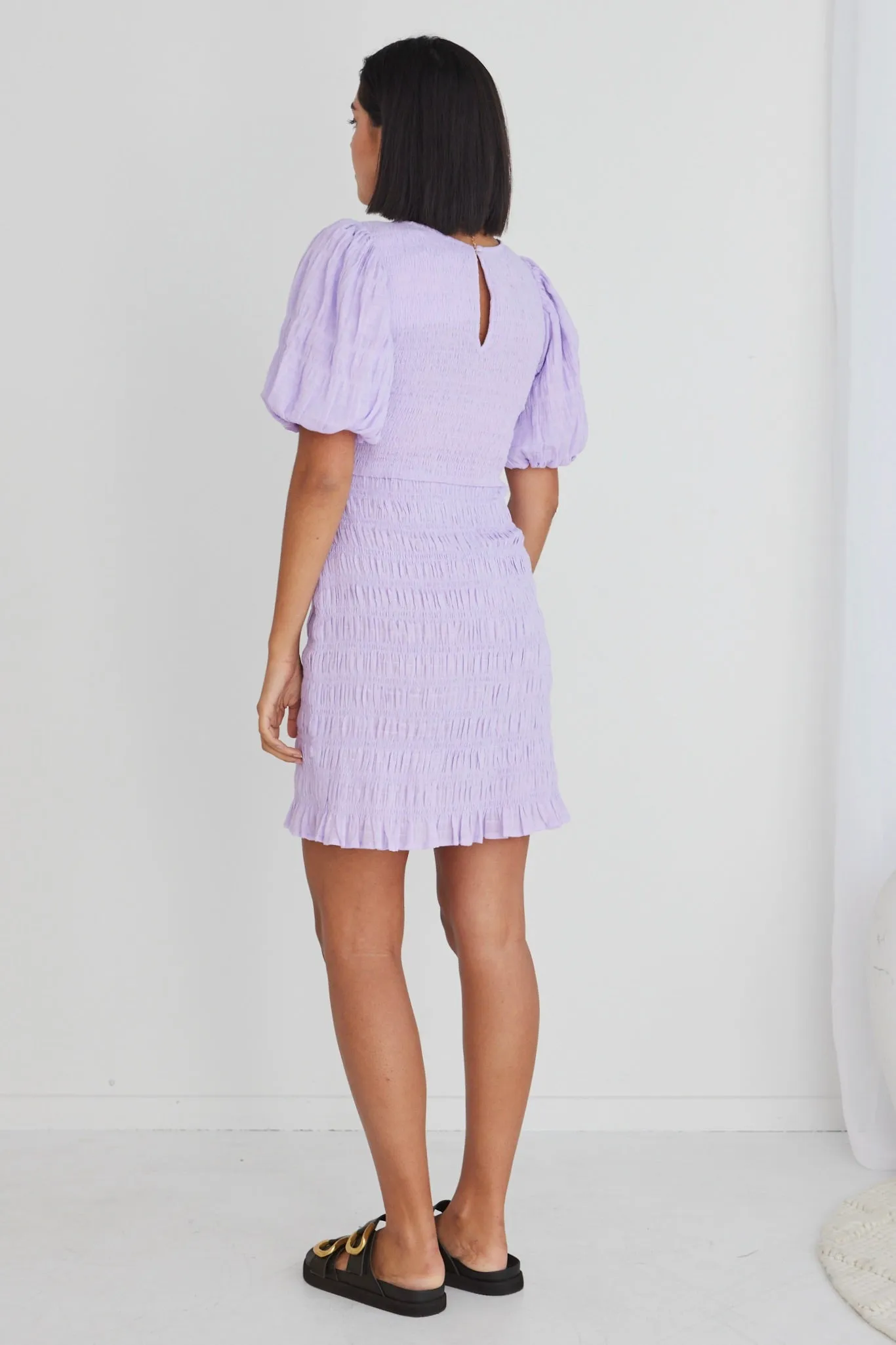 Bijou Lilac Puff SS Shirred Body Mini Dress