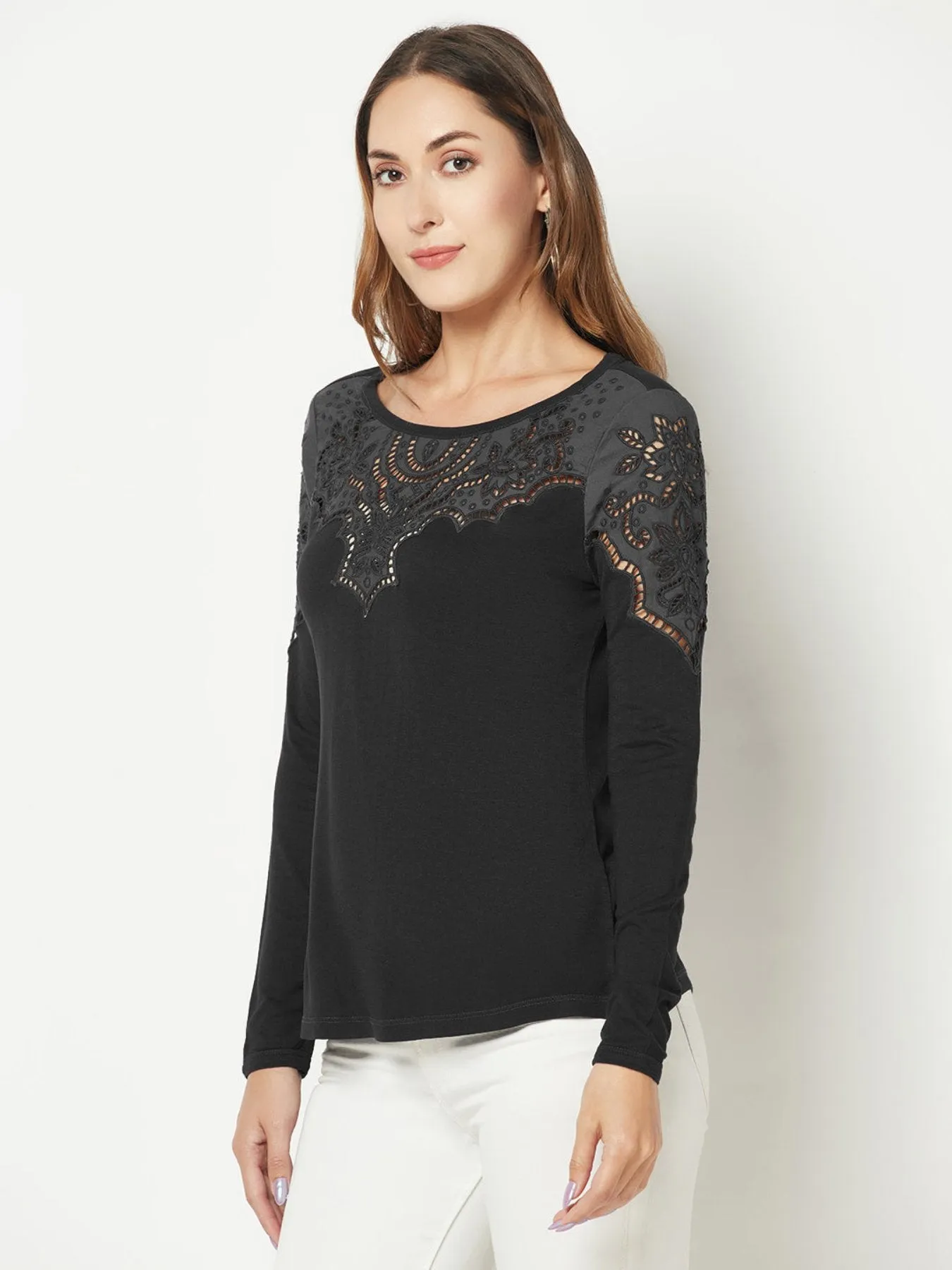 Black Embroidered Cotton Top