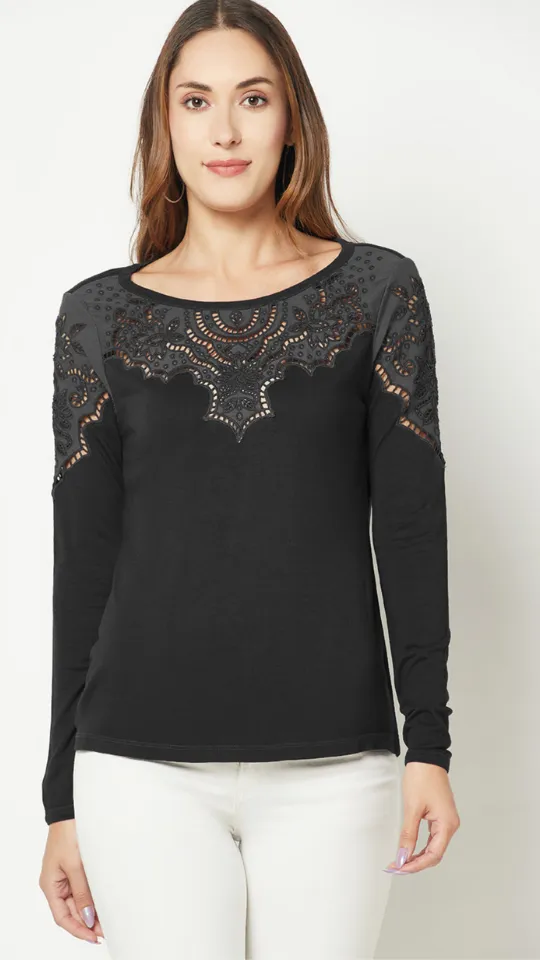 Black Embroidered Cotton Top