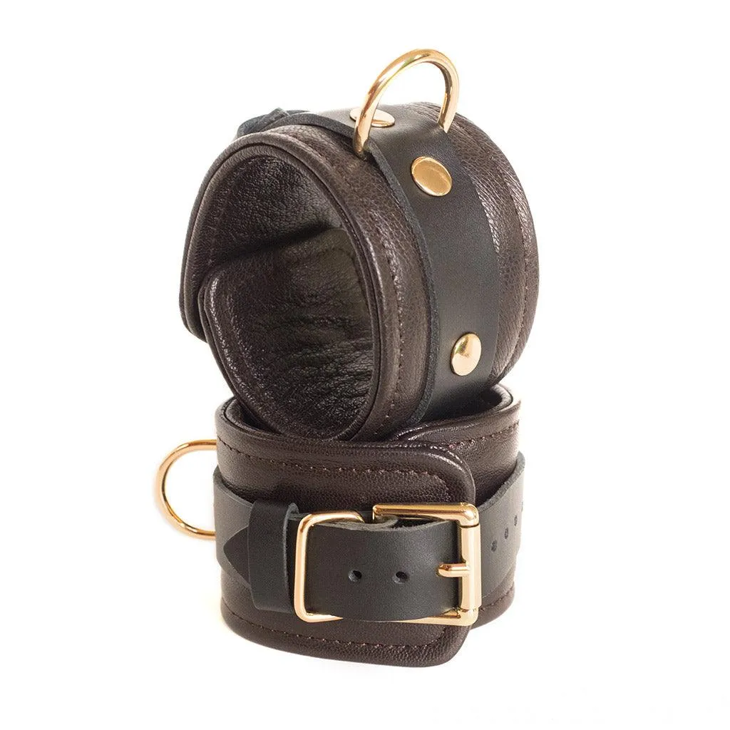 Brown Leather Wrist Restraints with Gold Accent Hardware