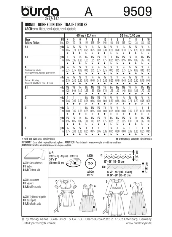 Burda 9509 Girls' Dirndl Dress Sewing Pattern