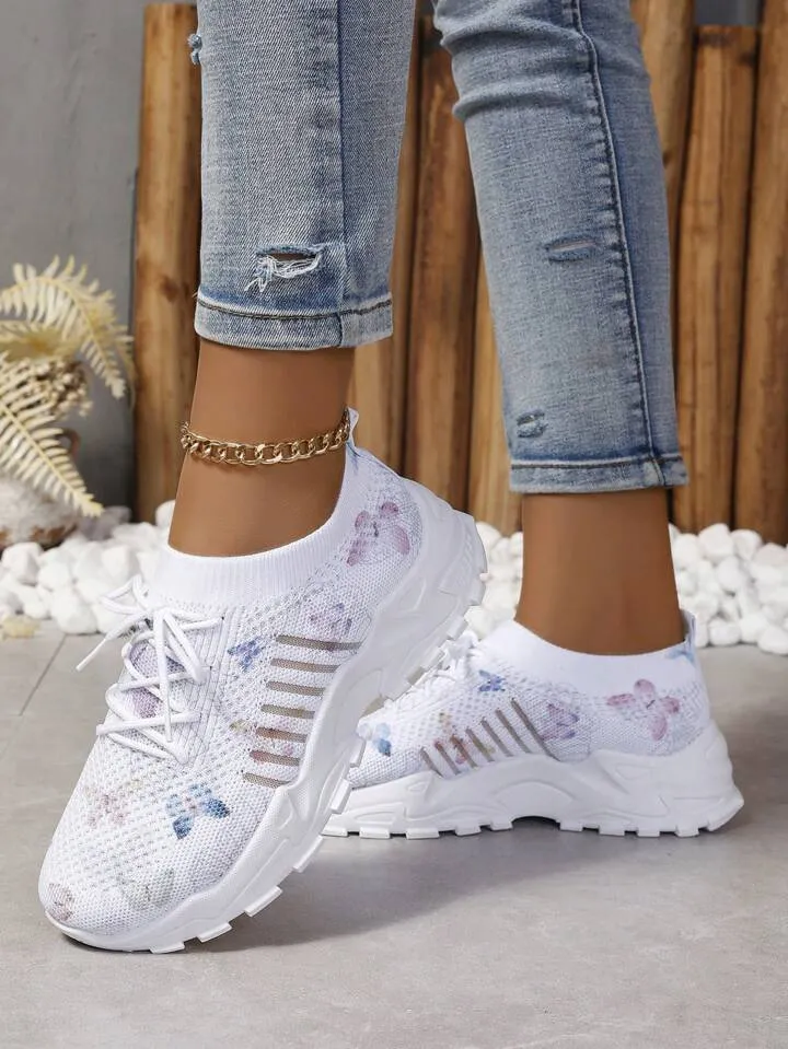 Butterfly pattern mesh sneakers in white