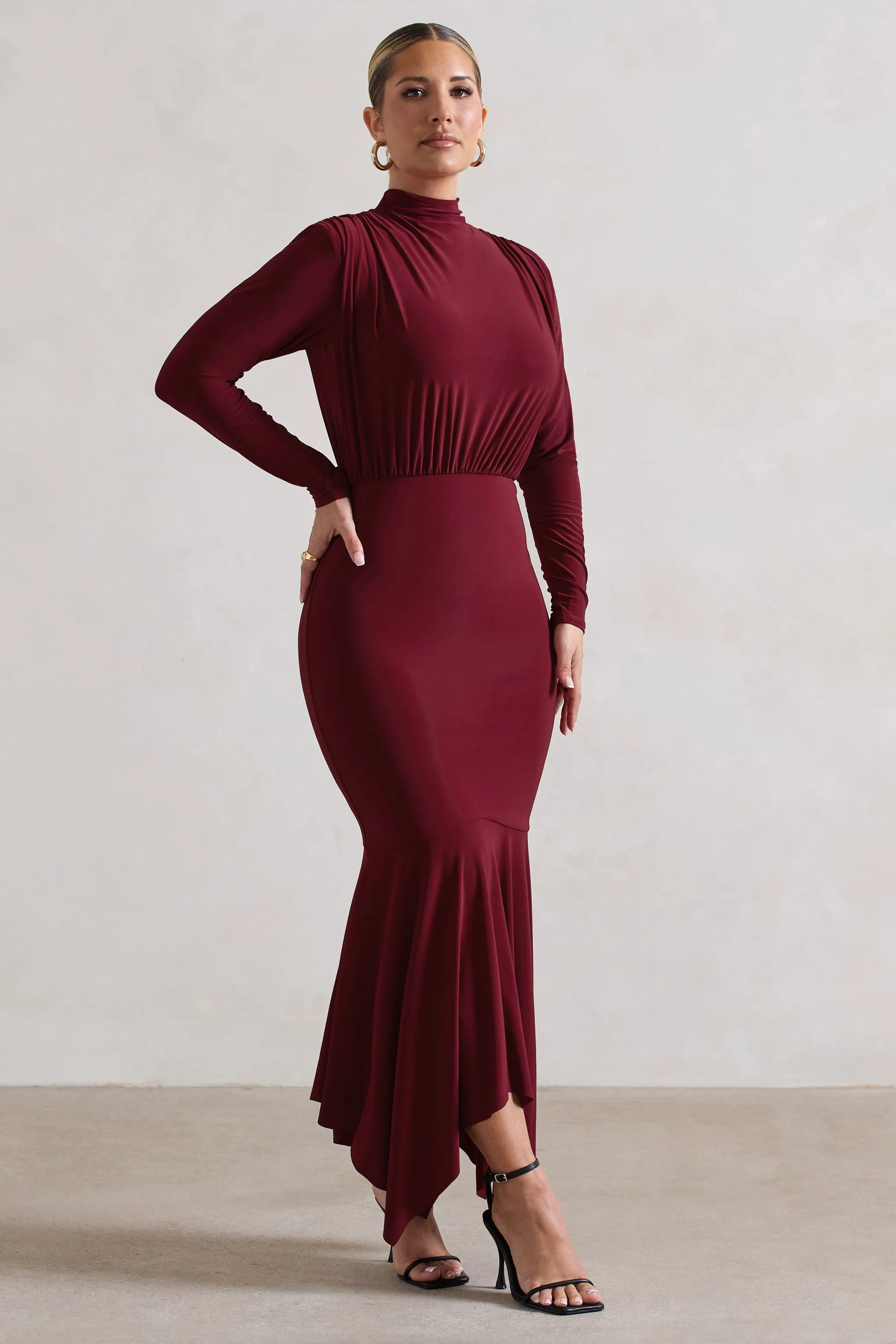 Carla | Berry High-Neck Maxi Dress With Draped Hem