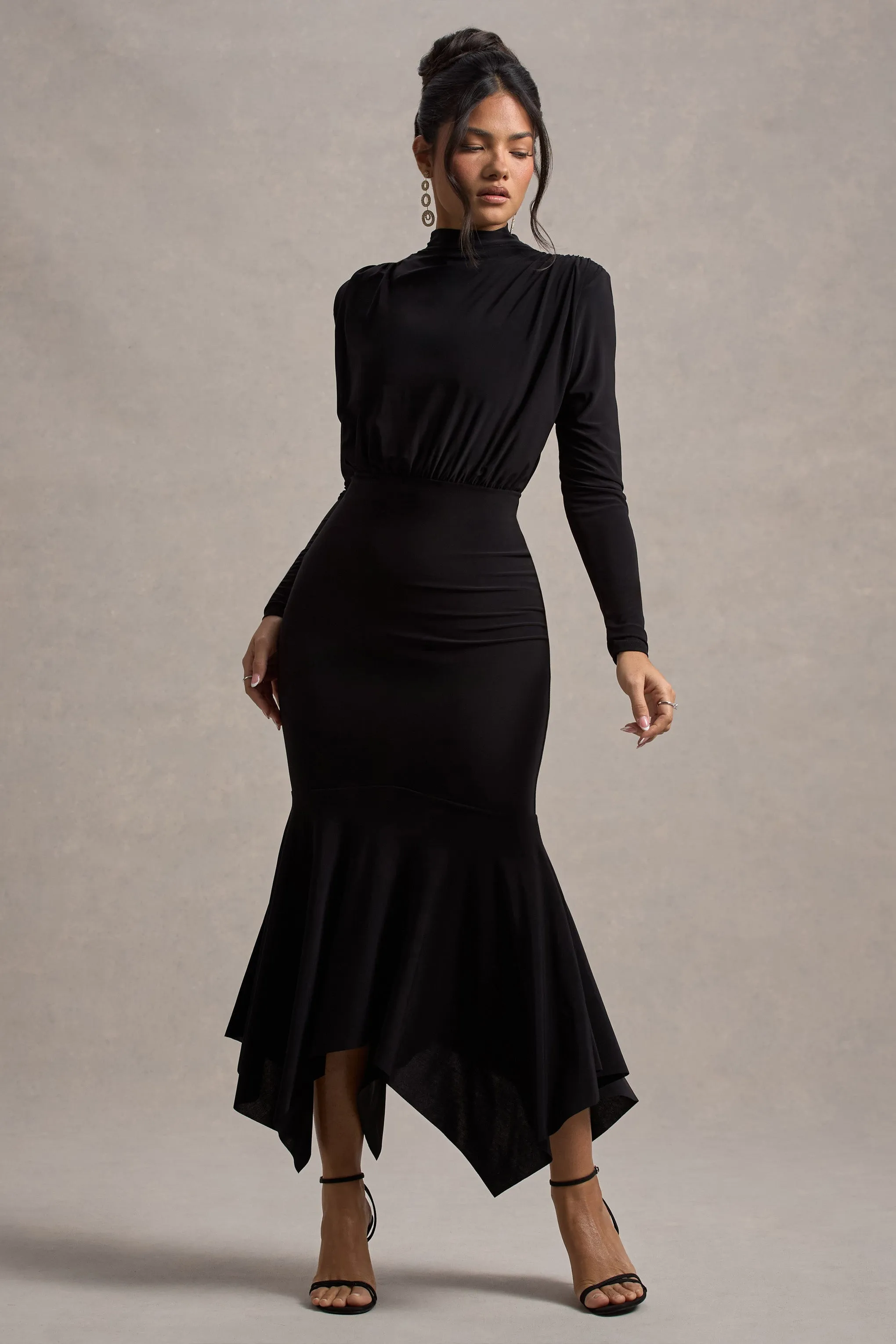 Carla | Black High-Neck Maxi Dress With Draped Hem