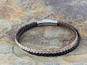 Double Leather Bracelet, Flat Braided Black & Tan