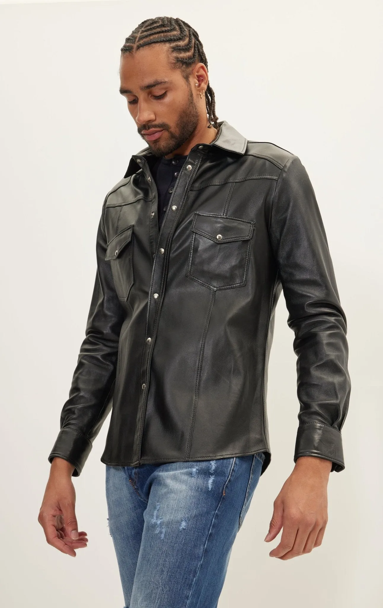 Genuine Lambskin Leather Shirt - Black