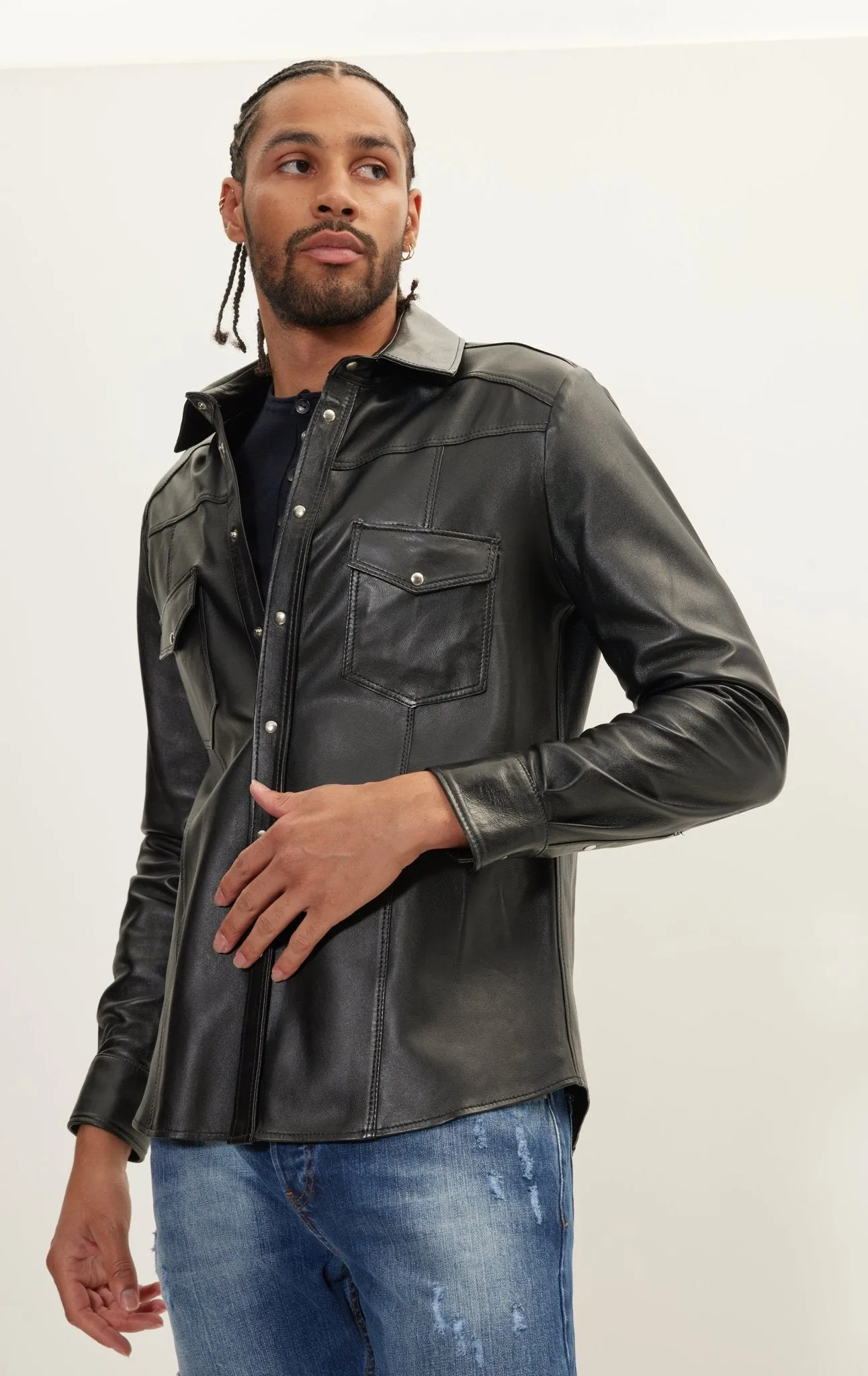 Genuine Lambskin Leather Shirt - Black