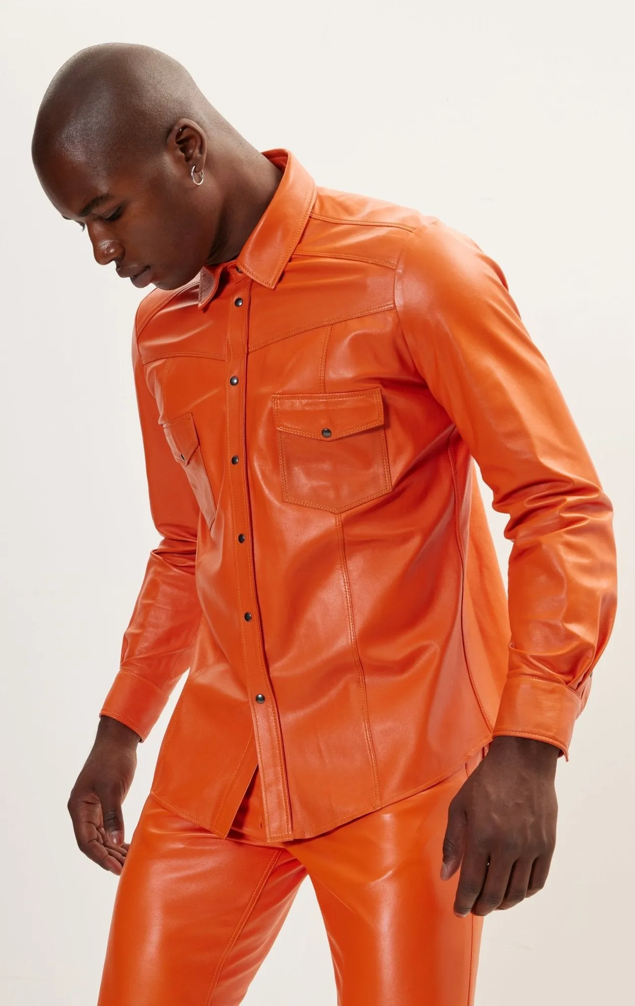 Genuine Lambskin Leather Shirt - Orange