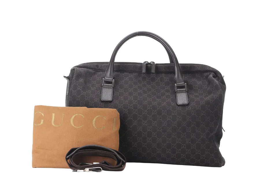 GUCCI BOSTON BAG (196356 467891 ) LARGE GG BROWN CANVAS SILVER HARDWARE WITH STRAP AND DUST COVER