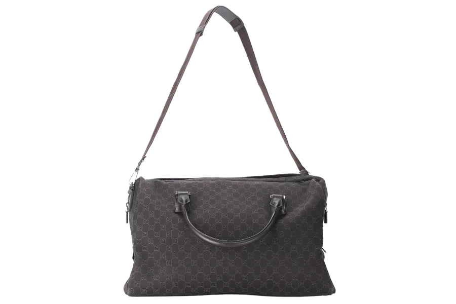 GUCCI BOSTON BAG (196356 467891 ) LARGE GG BROWN CANVAS SILVER HARDWARE WITH STRAP AND DUST COVER