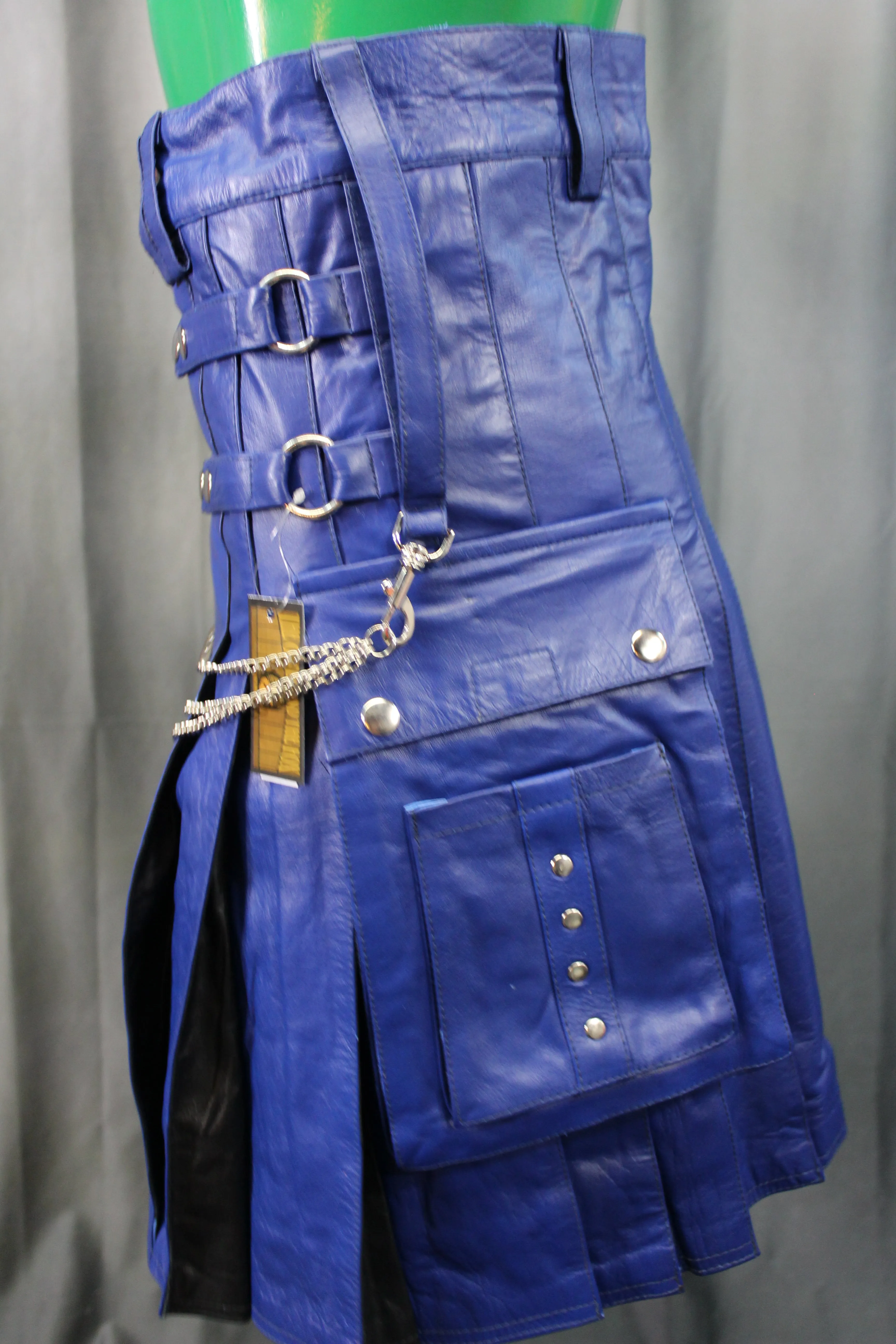 OnF Leather Kilt in Blue with Black Pleats