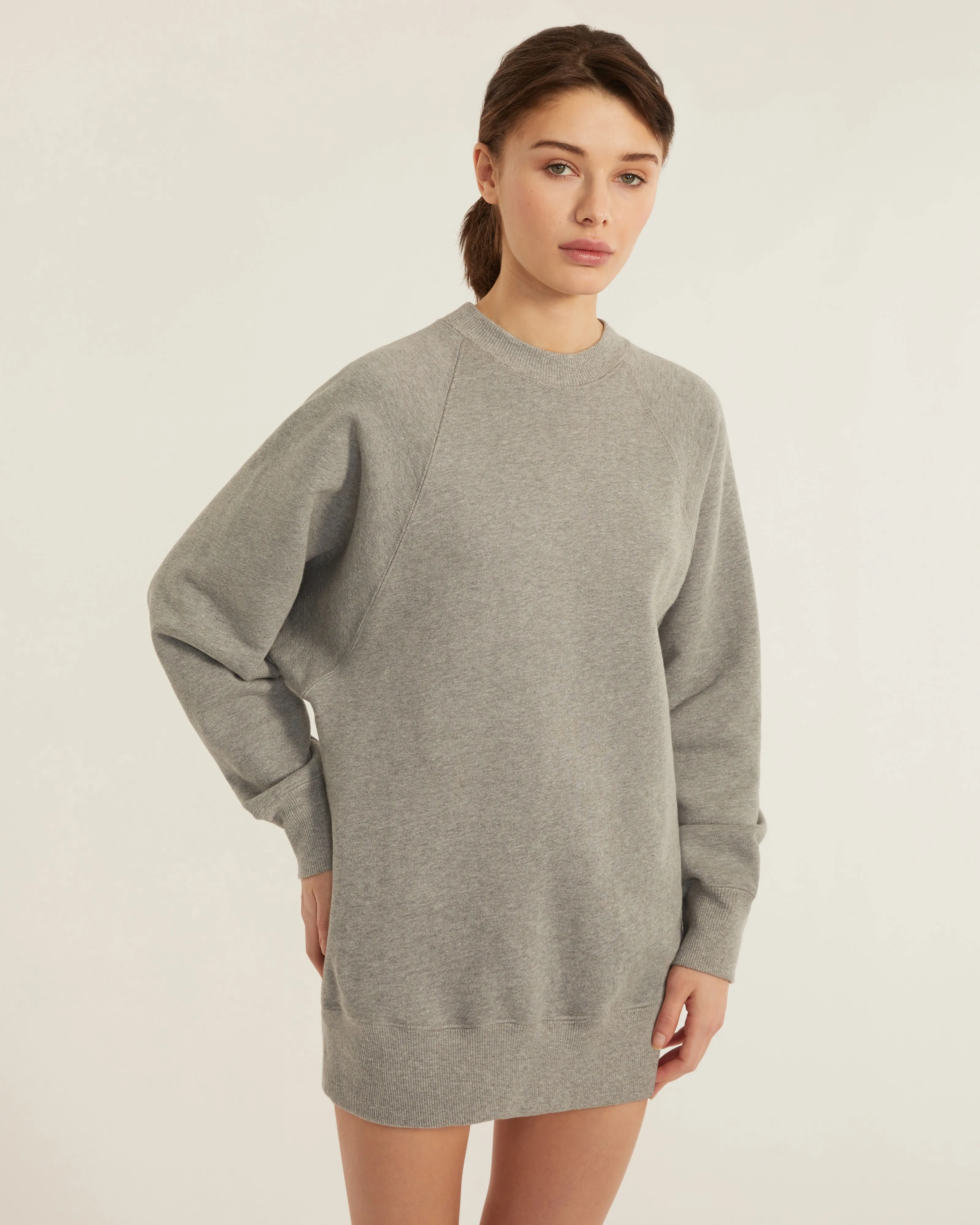 So Uptight French Terry Raglan Crew Sweatshirt Dress in Heather Grey