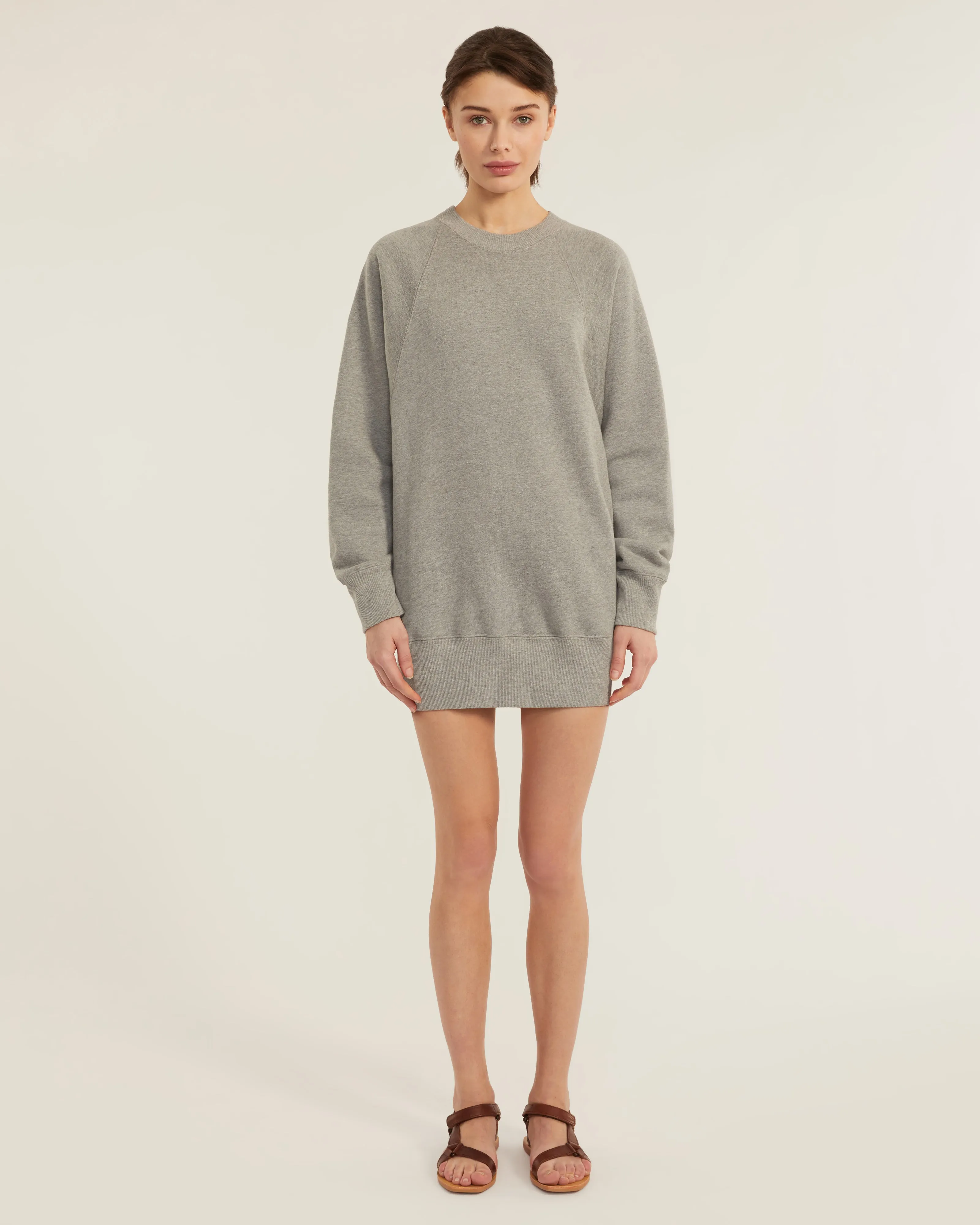 So Uptight French Terry Raglan Crew Sweatshirt Dress in Heather Grey