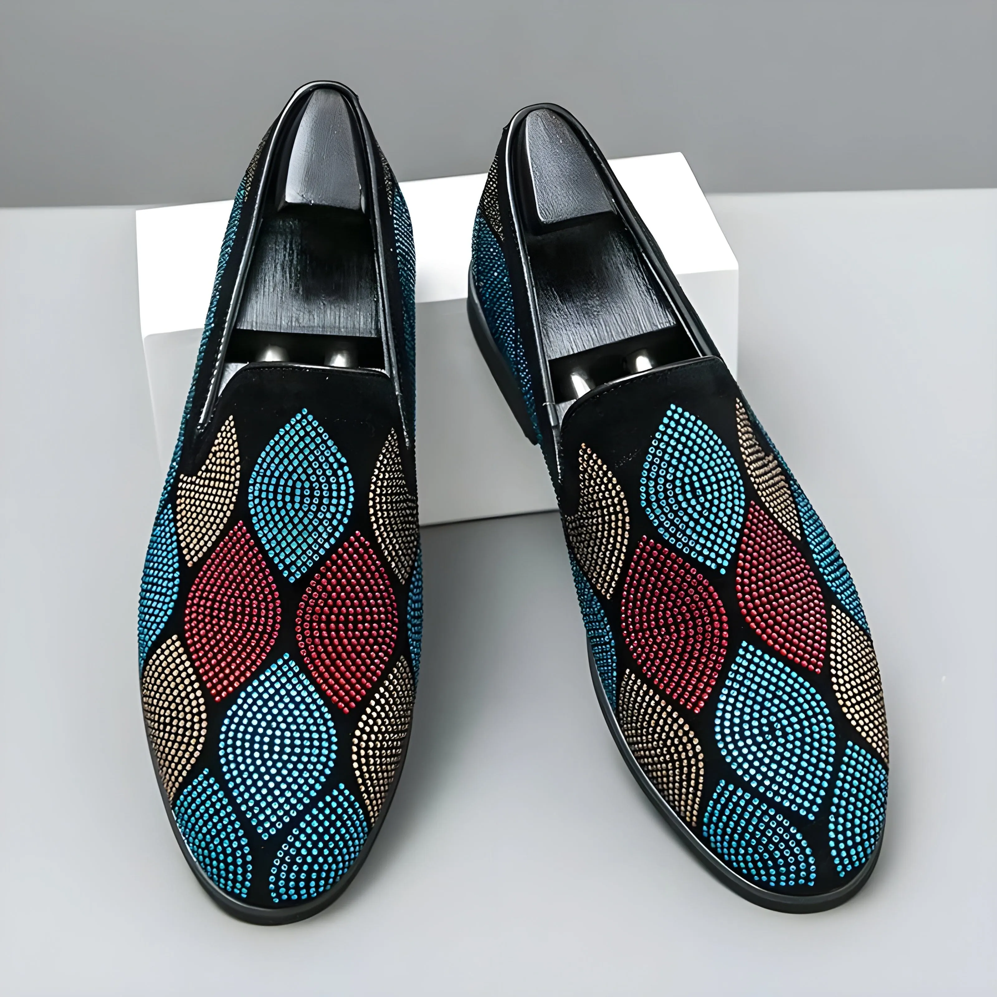 The Cassian Crystal Studded Suede Penny Loafers